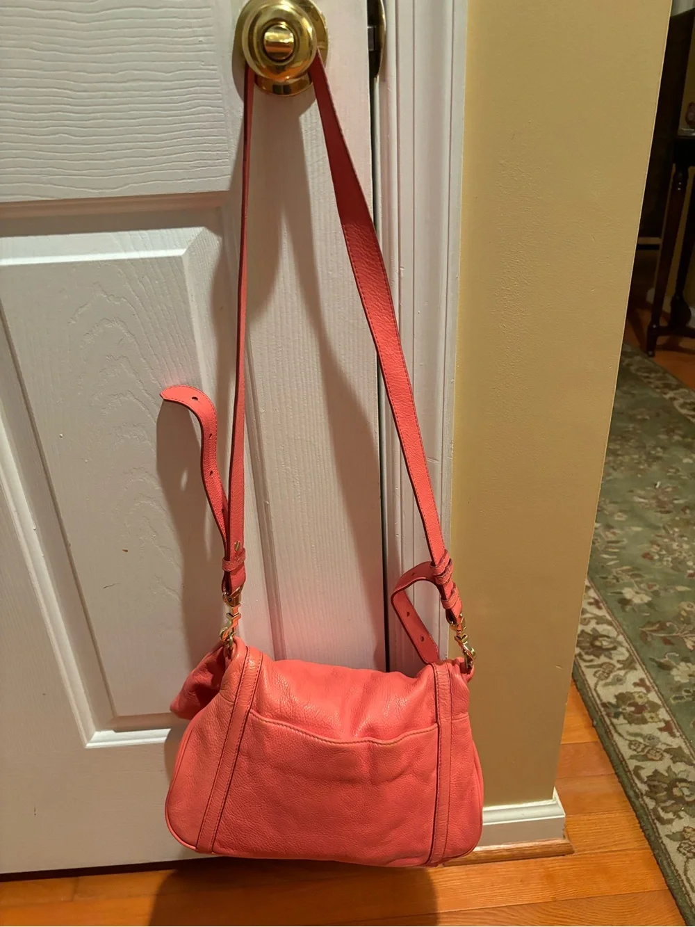 Tory Burch Coral Pink Leather Shoulder Bag with Logo Accent and Adjustable Strap
